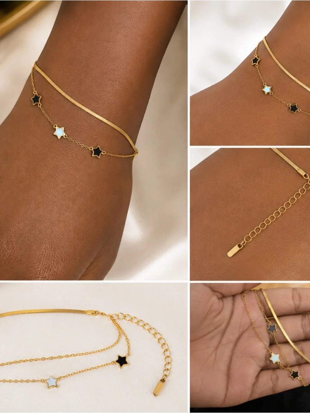 Gold Double Star Bracelet with Black and White Inlay - Women Jewelry